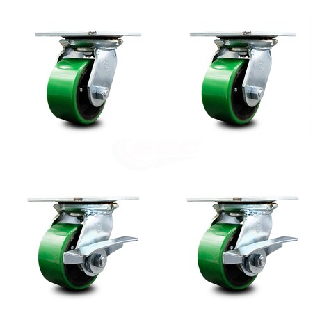 Service Caster 4 Inch Green Poly on Cast Iron Swivel Caster Set with Ball Bearings 2 Brakes SCC SCC-35S420-PUB-GB-2-SLB-2